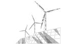 Solar panels windmills turbine generating electricity. Green ecology saving environment. Renewable power low poly