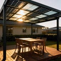 Solar Pergola Canopy Over a Backyard Dining Deck, generative ai Royalty Free Stock Photo