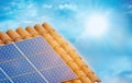 Solar photovoltaic panel installed on a tiled roof of a house. Sky background with clouds and sun. 3D illustration Royalty Free Stock Photo