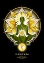 Solar Plexus chakra meditation in yoga lotus pose, in front of Manipura chakra symbol. Royalty Free Stock Photo