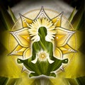 Solar Plexus chakra meditation in yoga lotus pose, in front of Manipura chakra symbol. Royalty Free Stock Photo