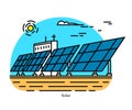 Solar power plant. Conversion of concentrated energy from sunlight into electricity. Powerhouse or generating station