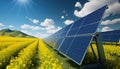 Solar power plant on rape field. Energy generation, electric panels, AI generative