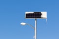 Solar power street light with snow and ice on blue sky background Royalty Free Stock Photo