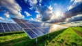 Solar Power Sun, Clouds, and Green Energy Panels Royalty Free Stock Photo