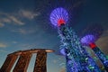 Solar powered (alternative energy sources) Supertree Tree Grove & Green features packed Marina Bay Sands Hotel during Royalty Free Stock Photo