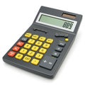 A solar-powered calculator with a gray body and a mix of yellow, red, and gray buttons. Royalty Free Stock Photo