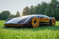 A solar powered car parked on a lush green grass field, harnessing the suns energy for sustainable transportation, An eco-friendly