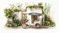 Solar-powered eco rickshaw in lush green urban setting Royalty Free Stock Photo