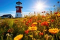 solar-powered lighthouse amidst vibrant flower field Royalty Free Stock Photo