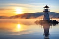 solar-powered lighthouse on misty lakeside morning Royalty Free Stock Photo