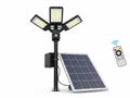 Solar powered street light with adjustable heads and remote control isolated on white background Royalty Free Stock Photo