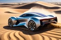 Solar-Powered Vehicle with Sleek Design Contours and Reflective Surfaces, Traversing Undulating Sand