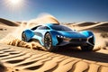 Solar-Powered Vehicle with Sleek Design Contours and Reflective Surfaces, Traversing Undulating Sand