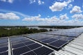 Solar PV Rooftop on Curve Roof under Construction Beautiful Sky and River Background Royalty Free Stock Photo