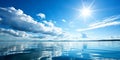 Solar sky background with blue sky and sun reflection in water Royalty Free Stock Photo