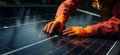 Solar stewardship Man cleaning solar panel for sustainable energy production