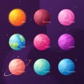 The Solar system. Colorful cartoon set with sun and planets. Vector illustration.