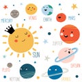 Solar system with cute cartoon planets