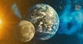 The solar system Earth and Moon planet concept over galactic background Earth and Moon and Milky Way solar system planets