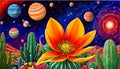 Solar system milky way cosmic color desert cactus flower petal artist Royalty Free Stock Photo