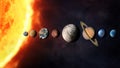 Solar system planets with big sun and stars. Elements of this image furnished by NASA Royalty Free Stock Photo