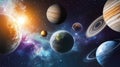 Solar system planets floating in space with glowing sun and starry background Royalty Free Stock Photo