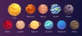 Solar System planets set. Moon, Sun and comet icons isolated on starry sky background. Vector outer space gas giants Royalty Free Stock Photo