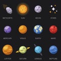 Solar system 8 planets and Sun, Moon, stars and meteorite isolated on background. Vector illustration Royalty Free Stock Photo
