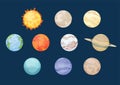Solar system set of cartoon planets. Planets of the solar system solar system with names. Vector illustration in a flat Royalty Free Stock Photo
