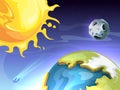 Solar system. Sun earth moon in space, astronomy universe background. Cartoon planets, cosmos with meteorite vector Royalty Free Stock Photo