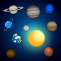 Solar system. Sun, Mercury, Venus, Earth, Mars, Jupiter, Saturn, Uranus, Neptune. Vector design elements