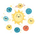 Solar system. The sun and nine planets. Cute Space childish illustration with funny faces. Vector cartoon hand-drawn characters Royalty Free Stock Photo