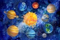 Solar system, watercolor planets, isolated white background, hand drawing space illustration