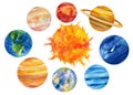 Solar system, watercolor planets, isolated white background, hand drawing space illustration Royalty Free Stock Photo