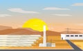 Solar thermal power plant with sunset graphic