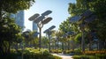 solar tree forest in urban eco district with greenery and sunlight Royalty Free Stock Photo
