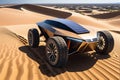 Solar Vehicle Equipped with Cutting-Edge Technology Traverses Undulating Sandy Landscape, Casting Dynamic Shadows Royalty Free Stock Photo