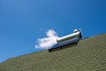 Solar water heater boiler on green rooftop, blue sky with white clouds