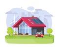 Solar and wind energy smart family eco house with car vehicle on city district countryside flat 3d graphic illustration, home