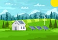 Solar, wind power. Green energy an eco friendly traditional and modern house