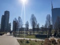 Solaria tower and Unicredit tower Milan, Porta Nuova skyscraper residences, seen from Parco degli Alberi. Italy