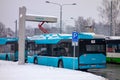 Solaris Urbino 12 Electric bus with a trolley charging at Siemens supercharger in Ostrava Hranecnik Royalty Free Stock Photo