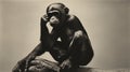 Solarized Monochrome Portrait: Emotional Sensitivity Of A Chimpanzee On A Log