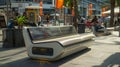 A solarpowered bench in a busy urban plaza offering a resting spot for pedestrians while simultaneously charging Royalty Free Stock Photo