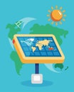 A solarpowered map projector that displays interactive maps teaching students about geography and renewable energy at