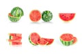 Solated watermelons. Collection of whole and cut watermelon fruits isolated on white background