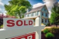 Sold Home For Sale Real Estate Sign in Front of House - Generative AI Royalty Free Stock Photo