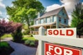 Sold Home For Sale Real Estate Sign in Front of House - Generative AI Royalty Free Stock Photo