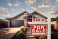 Sold Home For Sale Real Estate Sign in Front of House - Generative AI Royalty Free Stock Photo